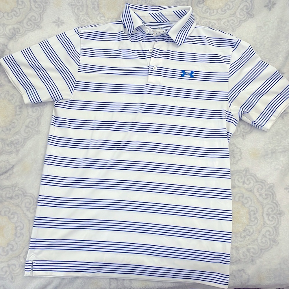 Under Armour Mens Loose Fit Blue & White Short Sleeve Collared Shirt Size Small